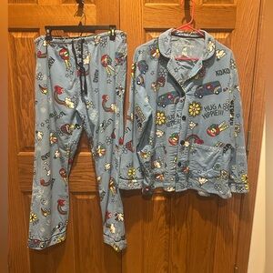 PJ Salvage Pajamas Sz L Hug A Hippie French Bulldog Frenchie Flannel PJ’s Groovy